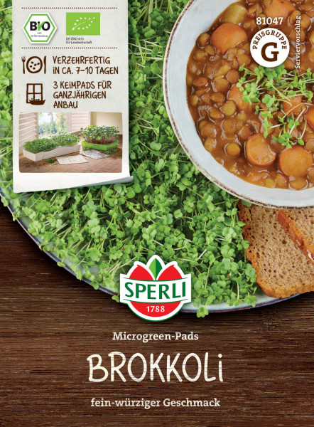 Produktbild von Sperli BIO Microgreen-Pads Brokkoli mit Darstellung der Keimpads, Verpackung und Informationen zur Anzuchtzeit sowie Anwendungsbeispiel mit angerichteter Speise