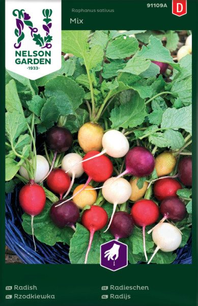 Produktbild von Nelson Garden Radieschen Mix Saatguttüte mit bunten Radieschen und Blättern darauf sowie Markenlogo und Produktinformationen in mehreren Sprachen.