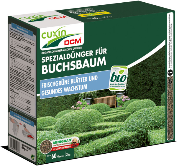 Produktbild von Cuxin DCM Spezialduenger fuer Buchsbaum Minigran in einer 3kg Streuschachtel mit Informationen zu Anwendung und Bio-Siegel.