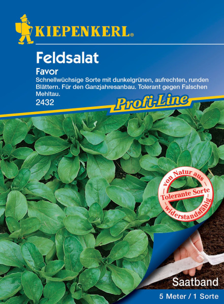 Produktbild des Kiepenkerl Feldsalat Favor Saatbandes mit der Darstellung des Saatbandes und der Feldsalatpflanzen sowie Informationen zur Sorte und Hinweisen zur Aussaat.
