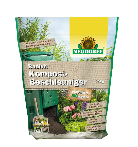 Produktbild von Neudorff Radivit Kompost-Beschleuniger in einer 1, 75, kg Packung mit der Darstellung eines Komposthaufens, Pflanzen und Produktvorteilen in deutscher Sprache.