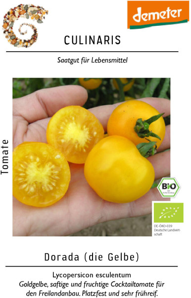 Produktbild der Culinaris BIO Cocktailtomate Dorada mit Hand die gelbe Tomaten und eine aufgeschnittene Frucht zeigt sowie Labeling fuer biologischen Anbau und Sortenbeschreibung.