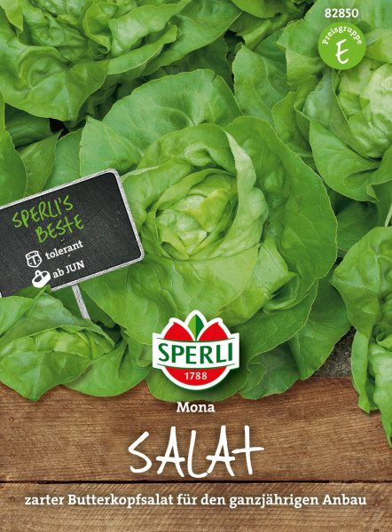 Produktbild von Sperli Salat Mona, zarter Butterkopfsalat fuer den ganzjaehrigen Anbau, mit Preisgruppe und Markenlogo auf Frischsalathintergrund.