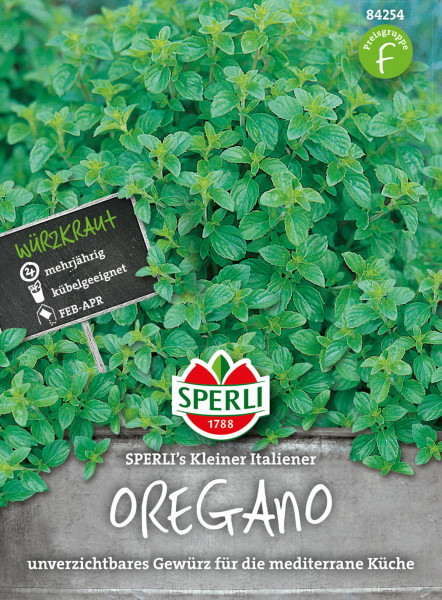Produktbild von Sperli Oregano SPERLIs Kleiner Italiener mit Blättern der Pflanze im Hintergrund und Verpackungsinformationen wie mehrjährig und kübelgeeignet sowie dem Hinweis unverzichtbares Gewürz für die mediterrane Küche