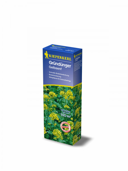 Produktbild von Kiepenkerl Gelbsenf Gründünger Saatgutverpackung mit 0, 5, kg Inhalt und Informationen zu schneller Bodenbedeckung sowie Bodenlockerung, auch als Futterpflanze für Schmetterlinge beworben.