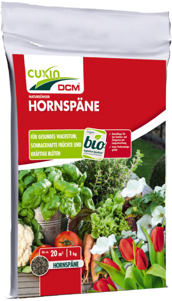 Produktbild von Cuxin DCM Hornspäne 1kg Packung mit Pflanzenbildern sowie Hinweisen für gesundes Wachstum und Schmackhafte Früchte auf Deutsch.