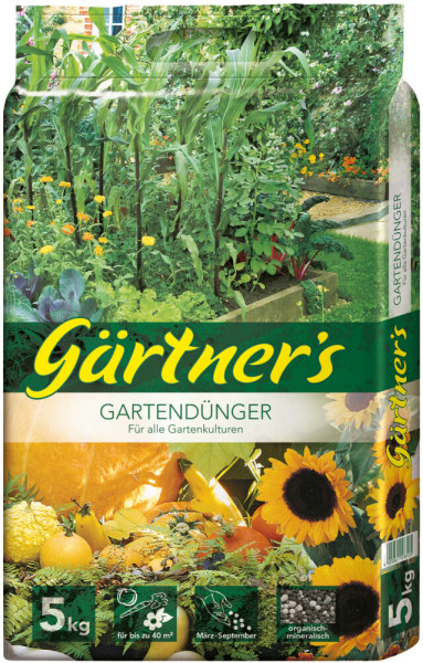 Produktbild von Gaertners Gartenduenger 5kg Verpackung mit Bildern verschiedener Gartenpflanzen und Informationen zum Düngezeitraum sowie Hinweisen zur Anwendung auf Deutsch.