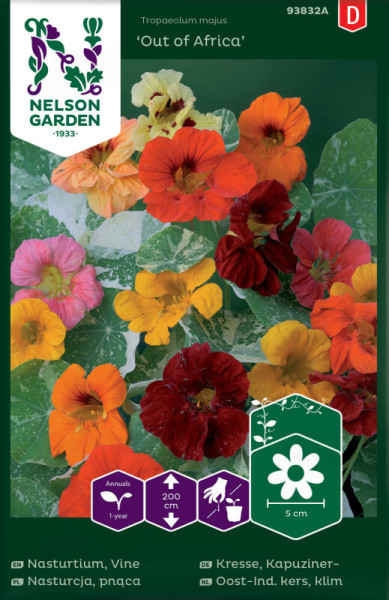 Produktbild von Nelson Garden Kapuzinerkresse Out of Africa mit Darstellung verschiedener Blütenfarben und Illustrationen der Pflanzenhöhe sowie Pflegehinweise.