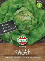 Produktbild von Sperli Salat Maikönig Verpackung mit Kopfsalat und Anweisungen zu Aussaatterminen.