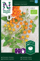 Produktbild von Nelson Garden BIO Johannisbeertomate Golden Currant mit reifen und unreifen Tomaten auf dem Zweig, Verpackungsinformationen und Kennzeichnung... Produktbild von Nelson Garden BIO Johannisbeertomate Golden Currant mit reifen und unreifen Tomaten auf dem Zweig, Verpackungsinformationen und Kennzeichnung als Bio-Produkt.