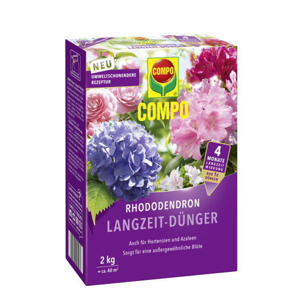 Produktbild von COMPO Rhododendron Langzeit-Dünger Verpackung mit Gewichtsangabe, Blumenbildern und Hinweisen zur Anwendung in deutscher Sprache.