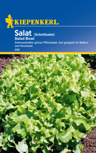 Produktbild der Kiepenkerl Pflücksalat Salad Bowl Verpackung mit der Darstellung des Salates auf einem Feld und Informationen zur Eignung für Balkon und Hochbeet in deutscher Sprache