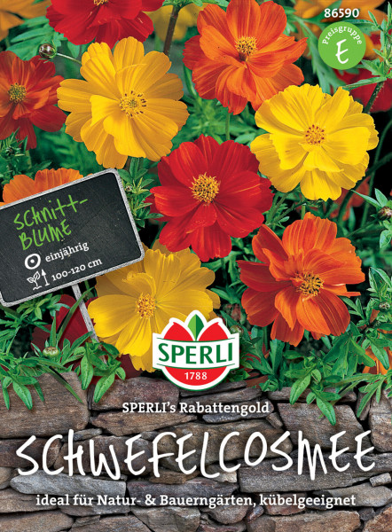 Produktbild von Sperli Schmuckkörbchen SPERLIs Rabattengold mit bunten Blumen und Informationen zur Pflanzenart Schwefelcosmee geeignet für Natur und Bauerngärten sowie für die Pflanzung in Kübeln.