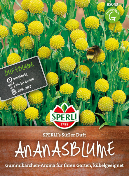 Produktbild von Sperli Ananasblume SPERLIs Süßer Duft mit gelben Blüten und einer Hummel auf grünem Hintergrund sowie Produktlogo und Informationen zur Pflanze.