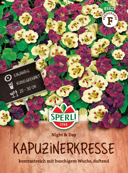 Produktbild von Sperli Kapuzinerkresse Night & Day mit Abbildung kontrastreicher Blüten, Informationen zur Einjährigkeit und Kübeleignung sowie der Markenlogographie.