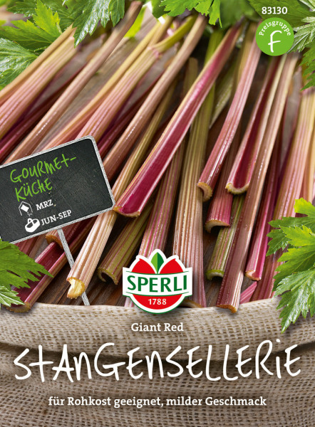 Produktbild von Sperli Stangensellerie Giant Red mit roten Selleriestangen auf Jute und einem Preisschild sowie Markenlogo und Hinweisen zur Gourmetküche und Aussaatzeit in deutscher Sprache.