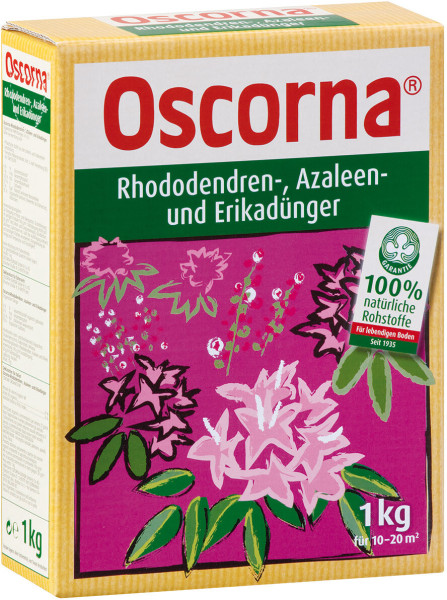 Produktbild von Oscorna-Rhododendren-Azaleen-und-Erikaduenger 1kg Verpackung mit Grafiken von Pflanzen und Informationen zu 100 Prozent natuerlichen Rohstoffen in deutscher Sprache.