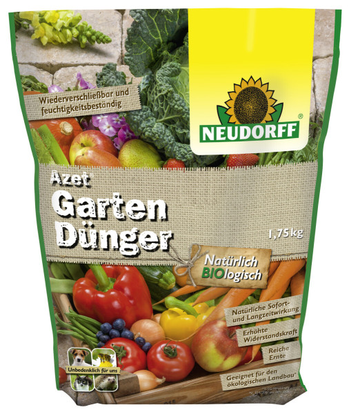 Produktbild von Neudorff Azet GartenDünger in einem 1, 75, kg Beutel mit verschiedenen Gemüse- und Obstabbildungen und hervorgehobenen Eigenschaften wie natürlich biologisch und geeignet für den ökologischen Landbau.