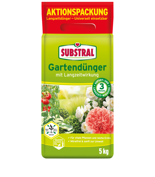 Produktbild von Substral Gartendünger mit Langzeitwirkung in einer 5kg Aktionspackung mit Abbildungen von Gemüse und Blumen und Angaben zu den Produkteigenschaften auf Deutsch