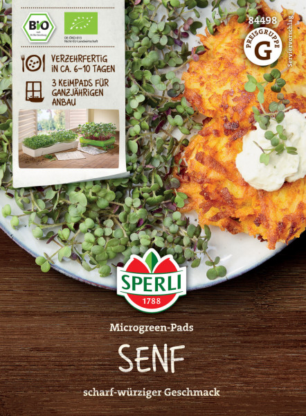 Produktbild von Sperli BIO Microgreen-Pads Senf mit der Darstellung von Senfkeimlingen auf einem Teller neben einem Gericht und Informationen zum schnellen Anbau und Geschmack in deutscher Sprache.