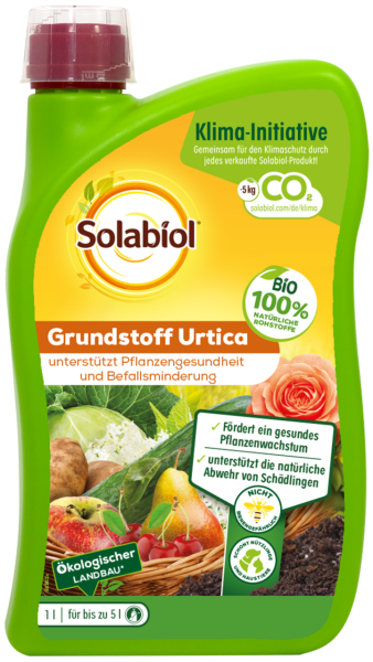 Produktbild von Solabiol Grundstoff Urtica Konzentrat 1l Flasche mit Angaben zu Klima-Initiative und Vorteilen für gesundes Pflanzenwachstum sowie Hinweis auf ökologischen Landbau.