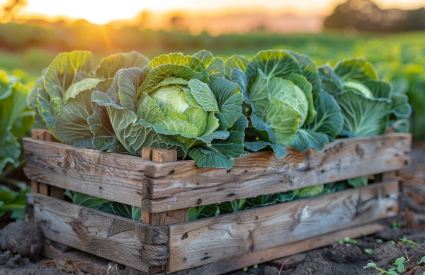 large-freshly-harvested-green-cabbages-in-wooden-crate-at-sunset