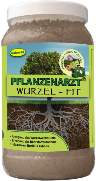 Produktbild von Schacht PFLANZENARZT Wurzel Fit in einer 2, 25, kg Verpackung mit Vorderansicht, Nennung der Vorteile wie Anregung des Wurzelwachstums und Darstellung eines Baumes mit Wurzeln.