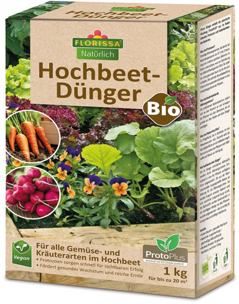 Produktbild des Florissa Hochbeet-Duengers 1kg in einer Verpackung mit Bildern von Gemuese und Blumen sowie Hinweisen zu Bio und veganen Eigenschaften.