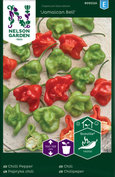 Produktbild von Nelson Garden Chili Jamaican Bell mit Abbildung von roten und grünen Chilischoten und Verpackungsinformationen auf Holzhintergrund.