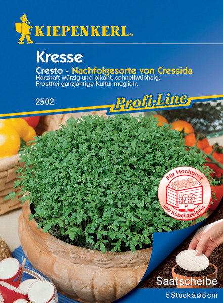 Produktbild von Kiepenkerl Kresse Cresto Saatscheiben auf einer Verpackung mit der Bezeichnung Profi-Line und der Angabe, dass sie für Hochbeet und Kübel geeignet sind, sowie einer dicht bewachsenen Kresse in einem Blumentopf und weiteren Gemüse im Hinter