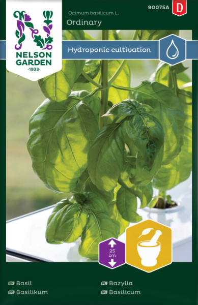 Produktbild von Nelson Garden Basilikum Ordinary Hydroponik Set mit gut entwickelten Basilikumpflanzen und Verpackungsinformationen auf Deutsch und weiteren Sprachen.