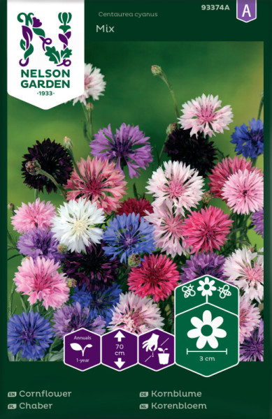 Produktbild von Nelson Garden Kornblume Mix Verpackung mit bunten Blumenabbildungen und Pflegehinweisen in deutscher Sprache.