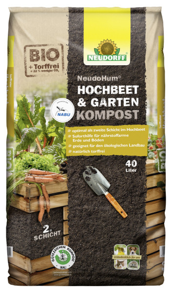 Produktbild von Neudorff NeudoHum Hochbeet- und GartenKompost 40l mit der Auszeichnung BIO und torffrei und Informationen zu den Vorteilen sowie der NABU-Partnerschaft.