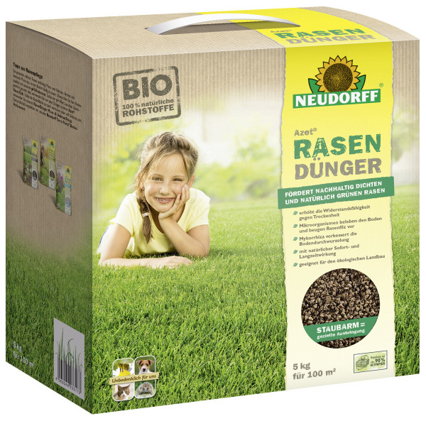 Produktbild von Neudorff Azet RasenDuenger 5 kg Verpackung zeigt Vorder- und Seitendesign mit Informationen zu den natuerlichen Inhaltsstoffen, Anwendungsvorteilen und einem lachenden Kind auf einer gruenen Rasenflaeche.