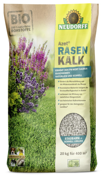 Produktbild von Neudorff Azet RasenKalk 20kg Verpackung mit Angaben zu Inhaltsstoffen und Anwendungshinweisen für Rasenböden sowie Hinweis auf ökologischen Landbau und Umweltverträglichkeit.