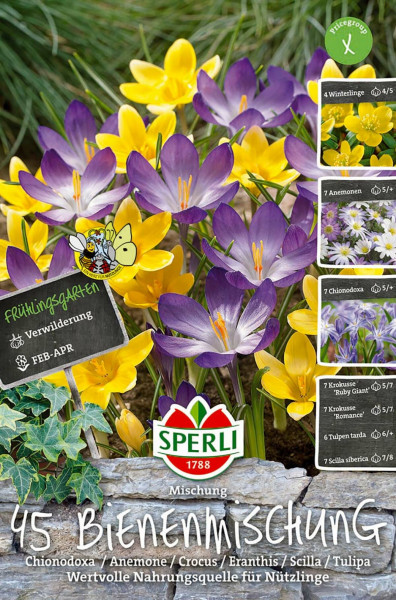 Produktbild von Sperli Fruehlingsgarten Bienenparadies mit bunten Krokus und Anemonen sowie Informationen ueber die Blumenmischung als wertvolle Nahrungsquelle fuer Nuetzlinge.