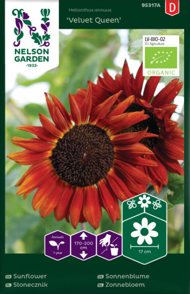Produktbild von Nelson Garden BIO Sonnenblume Velvet Queen mit einer Abbildung der roten Blüte und Informationen zur Pflanzenart sowie der Bio-Zertifizierung in verschiedenen europäischen Sprachen.