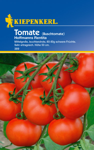 Produktbild von Kiepenkerl Salat-Tomate Hoffmanns Rentita mit reifen roten Tomaten an der Pflanze und Produktinformationen in deutscher Sprache.