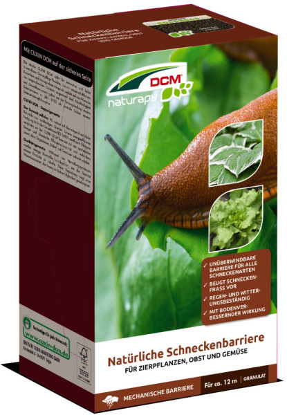 Produktbild von Cuxin DCM Naturapy Schneckenbarriere Granulat 2, 5, kg Streuschachtel mit Eigenschaften und Anwendungshinweisen in deutscher Sprache sowie Bildern einer Schnecke und Pflanzen.