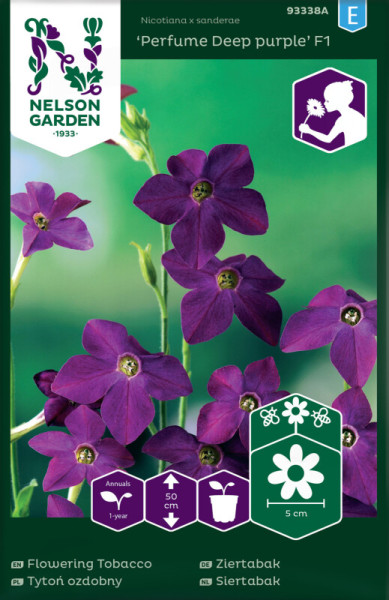 Produktbild von Nelson Garden Ziertabak Perfume Deep purple F1 mit Abbildung der lilafarbenen Blumen und Informationen zur Pflanzenpflege.