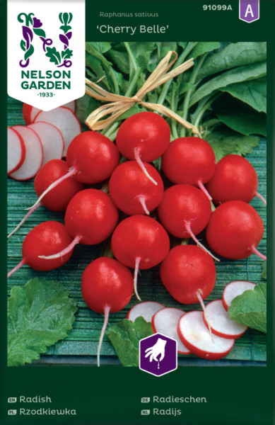 Produktbild von Nelson Garden Radieschen Cherry Belle mit abgebildeten roten Radieschen und Blättern sowie Verpackungsdesign und mehrsprachigen Produktbezeichnungen.