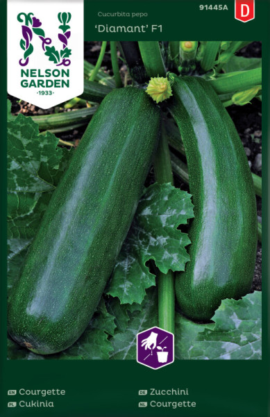 Produktbild Nelson Garden Zucchini Diamant F1 mit reifen Zucchini auf der Pflanze und Verpackungsdesign mit Markenlogo und Produktbezeichnung.