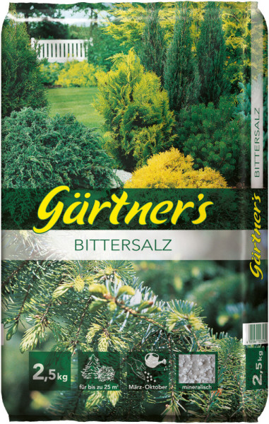 Produktbild von Gärtners Bittersalz 2,5kg Verpackung mit Gartenpflanzen im Hintergrund und Hinweisen auf mineralischen Dünger für bis zu 25 m² Anwendung von März bis Oktober.