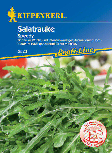 Produktbild von Kiepenkerl Salatrauke Speedy mit Verpackungsdesign und Informationen zu schnellem Wuchs und intensiv-würzigem Aroma für die ganzjährige Ernte im Haus.