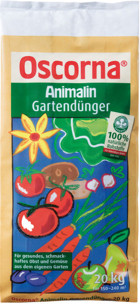 Produktbild von Oscorna-Animalin Gartendünger in einer 20kg Verpackung mit verschiedenen gezeichneten Obst- und Gemüsesorten und Hinweisen zur Verwendung und Inhaltsstoffen.