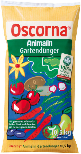 Produktbild von Oscorna-Animalin Gartendünger Verpackung mit der Darstellung von Obst und Gemüse sowie der Hervorhebung von 100 Prozent natürlichen Rohstoffen und 10, 5, kg Gewichtsangabe.