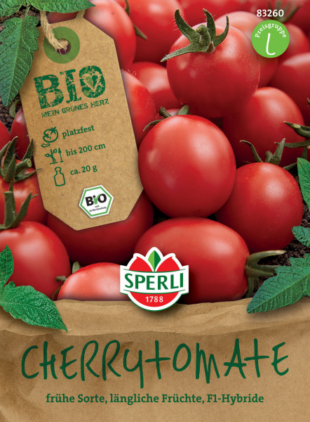 Produktbild von Sperli BIO Cherrytomate frueh F1 mit reifen Tomaten und Verpackung die Produktdetails und Bio-Siegel zeigt.