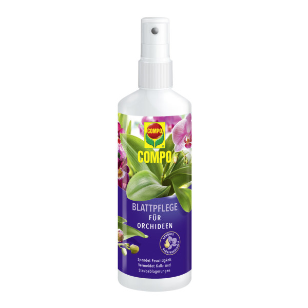 Produktbild von COMPO Blattpflege für Orchideen in einer 250ml Pumpsprayflasche mit Abbildungen von Orchideen und Produktinformationen.