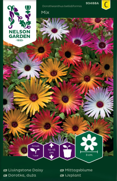 Produktbild Nelson Garden Mittagsblumen Mix mit bunten Blumen und Verpackungsinformationen zu Aussaat und Wachstum in deutscher Sprache.