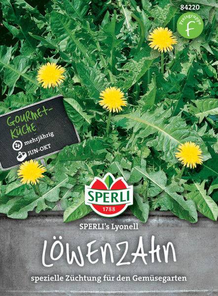 Produktbild von SPERLIs Lyonell Löwenzahn mit Blättern und Blüten spezielle Züchtung für den Gemüsegarten Informationen zur Aussaat von Juni bis Oktober mehrjährig mit Sperli Markenlogo.